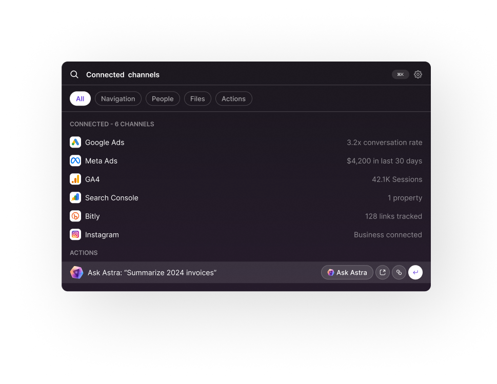 Connected channels search panel on Astra call to action showcase